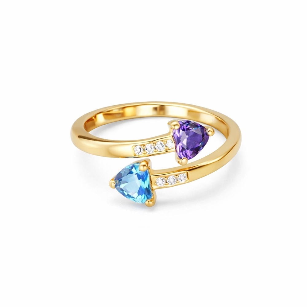 Adjustable Gold Plated Ring with Blue Topaz & Amethyst Hearts